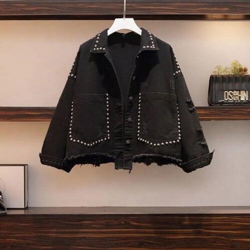 Spring Autumn Black Plus Size Women Denim Coats Solid Color Loose Studded Oversize Female Jean Jacket Chic Cowboy Outerwear Tops