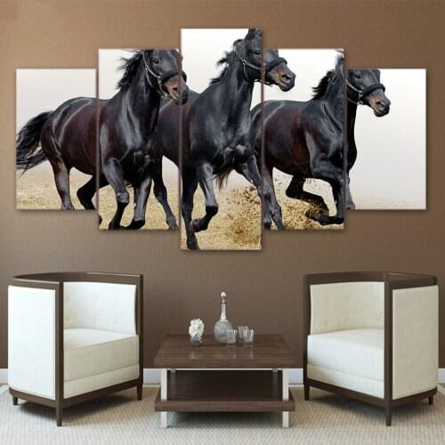 Framed Modern Painting On Canvas Wall Art Frame Home Decor HD Printed 5 Panel Modular Pictures Dark Horses Running