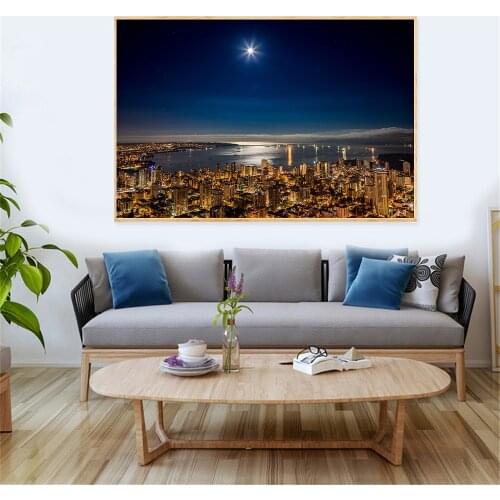 Modern Coastal City Wall Painting Home Decor Bright Starry Sky Painting Brilliantly Illuminated Architectural Landscape Poster