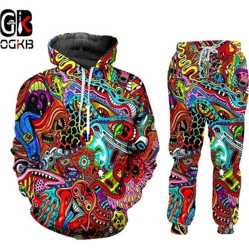 OGKB Fashion Tracksuit Sets Mens Red Ghost 3D Print Graffiti Hoodies And Jogger Pants Hiphop Plus Size Autumn Suits Sweatpants