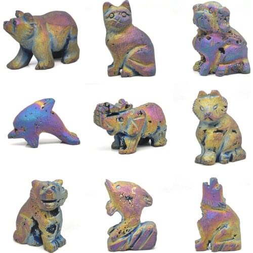 2" Electroplate Crystal Animals Statue Healing Reiki Rainbow Gemstone Geode Aura Quartz Agate Figurine Trinket Room Decoration