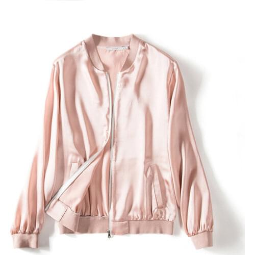The heavyweight 19 mmi silk long-sleeved fashion outer bright texture classic flight jacket top baseball dress womens wear