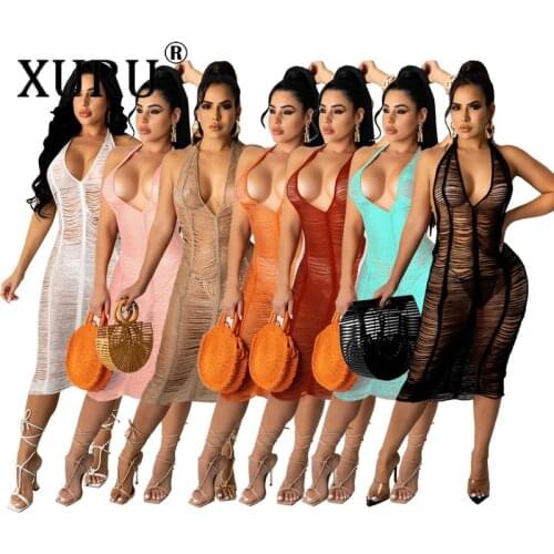 XURU European and American New Style Womens Dress Sexy See-through Hollow Beach Dress Club Party Dress
