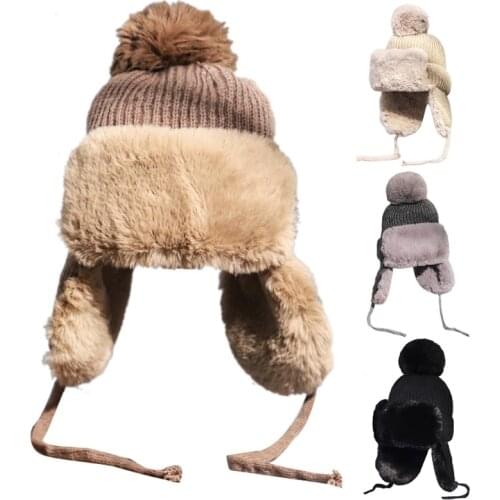 Women Winter Knit Pom Pom Trapper Hat Thick Fluffy Plush Thermal Warm Snow Ski Windproof Solid Color Beanie Earflap Cap