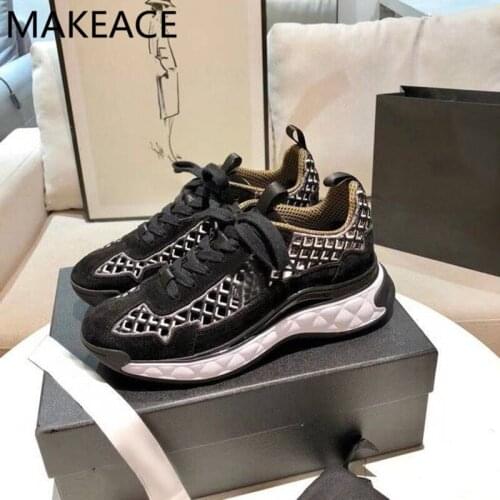 Spring Summer Women Platform Sneakers Ladies Brand Thick Bottom Sport Genuine Leather Chunky Trainers Hollow Out Breathable Shoe