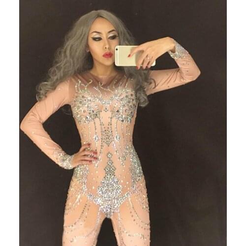 White Shining Rhinestones Women Jumpsuit Sexy Bodysuit Nightclub Party Singer DJ DS Performance Stage Wear Dance Costume