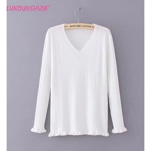 LUNDUNSHIJIA Women Sweater Pullover Rib Knitted Cotton Tops White V-neck Essential Jumper Sweaters Slim Sexy Elastic Women Tops