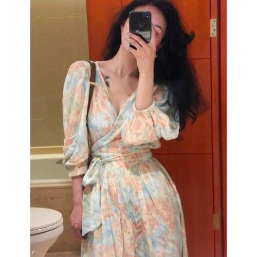 New 2021 Summer Casual Women Lantern Short Sleeve Print Dress Elegant Lace Up A Line Robe Dresses