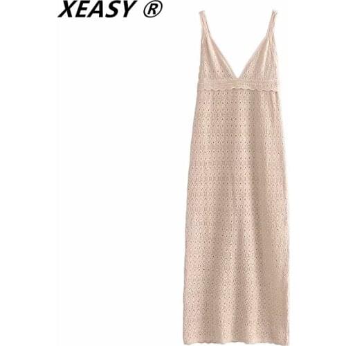 XEASY Woman 2021 Cut Out Dress Knitted Slip Summer Long Dress Vintage Strap Ruffle Backless Boho Midi Sexy Dresses Mujer
