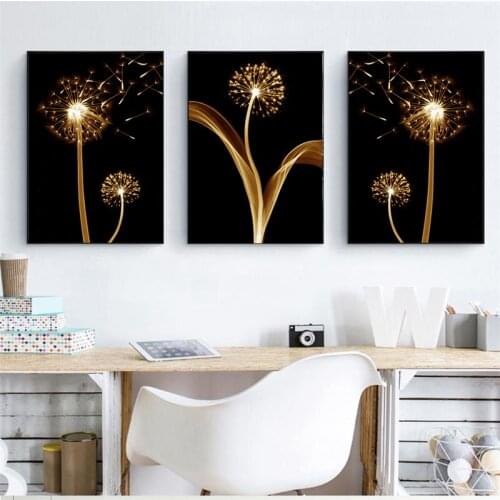 Golden Dandelion on Black Background Canvas Painting Wall Art Nordic Posters and Prints Wall Pictures for Living Room Decoration