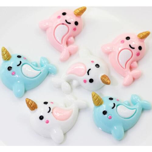 20/50pcs Kawaii Pink White Blue Color Resin Flatback Dolphin With Unicorn Horn Cabochon For Hair Bow Center Scrapbook DIY Craft