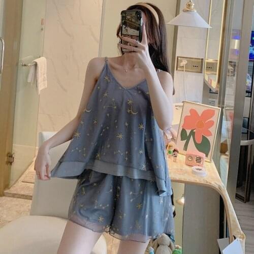 2021 Summer Women Pajamas Strap Set V-neck Sleeveless Shorts Sleepwear Print Sweet Girl Sexy Pajamas with Yarn Nightgown
