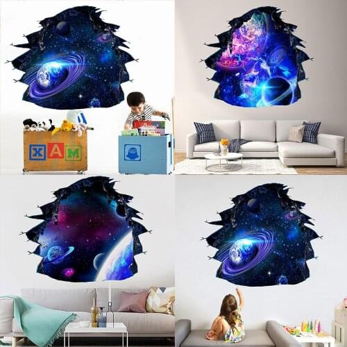 3D broken wall starry sky planet wall stickers living room bedroom childrens room decoration stickers home wallpaper mural