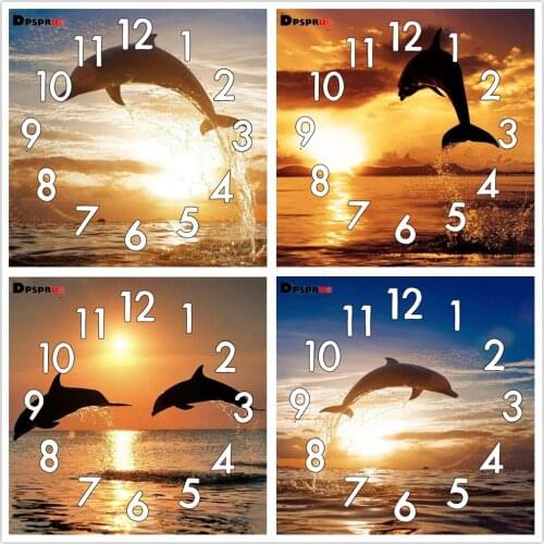 Dpsprue Full Diamond Painting Cross Stitch With Clock Mechanism Mosaic 5D Diy Square Round Dolphin Sun 3d Embroidery Gift HG125