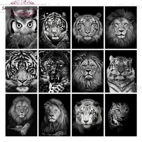 Full Drill Diamond Painting Black and White Animals Tiger Lion Owl Cross Stitch Wall Art Diamond Embroidery Modern Home Decor