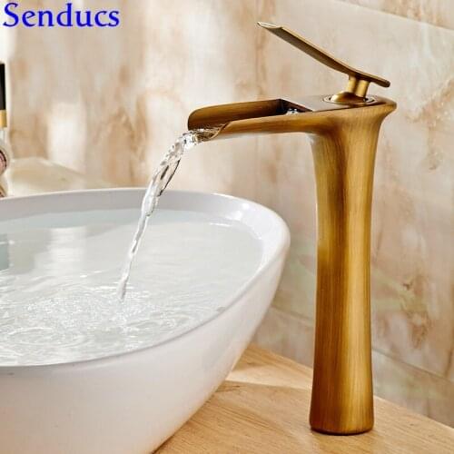 Senducs Antique Bathroom Waterfall Faucet Deck Mounted Bathroom Basin Sink Faucet Quality Brass Bronze Antique Bathroom Faucet