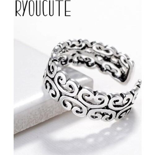Bohemian New Silver Color Big Retro Pattern Rings for Women Gift Adjustable Size Antique Ring Wedding Jewelry Wholesale