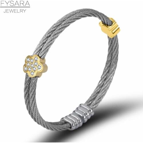 FYSARA Female Charm Cable Wire Bracelets Women Party Flower Crystals Twist Pulseiras Stainless Steel Wedding Jewelry