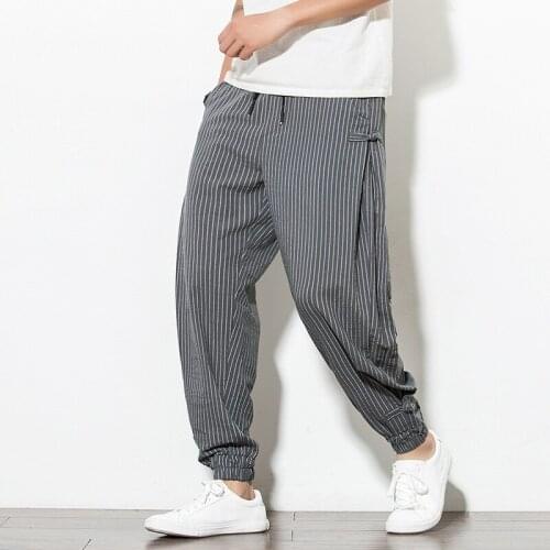 MenS Casual Striped Kimono Pants Chinese Style Fashion Pants Streetwear Trousers Male Kung Fu Clothes Chinese Pants Man 30434