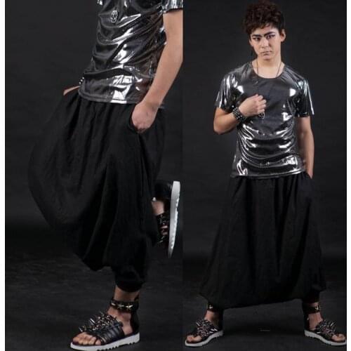 Black Ultra-low crotch pants 2020 new fashion mens feet across pants culottes singers stage 1 pants Can be customized