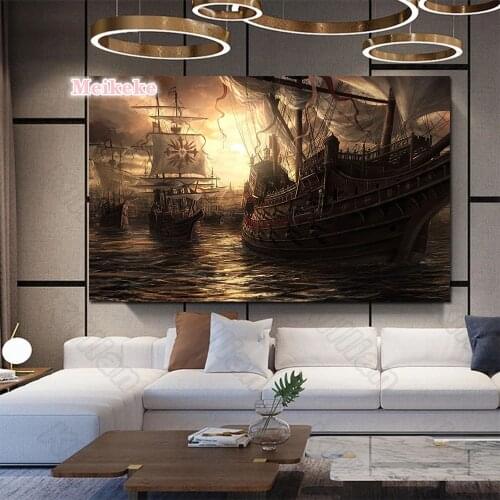 Diy 5D Pirate Ship Sea Ocean Sunset Full Diamond Painting cross stitch kits art Caribbean 3D paint by diamonds mosaic gift
