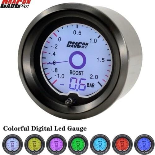 Dragon gauge 2" 52mm Car Boost gauge 7 Colors Backlight LCD Digital Turbo Boost gauge Unit -1~2 Bar meter Turbine