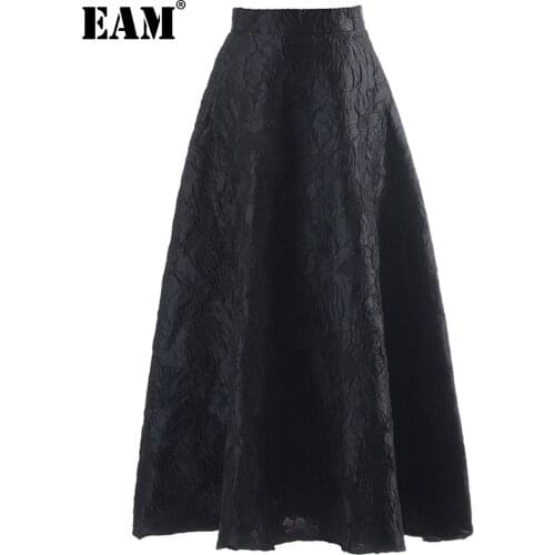 [EAM] High Waist Black Blue Jacquard Long Vintage A-LINE Half-body Skirt Women Fashion Tide New Spring Autumn 2021 1DE2196