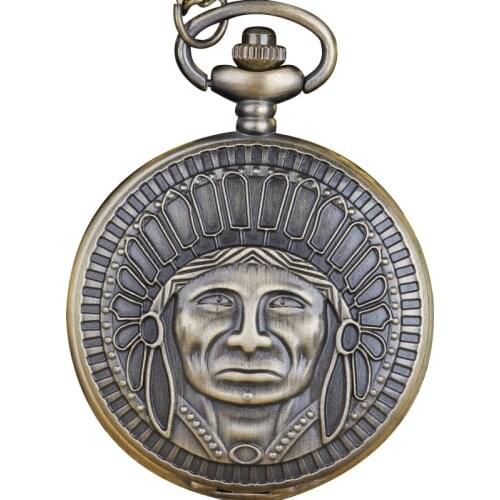 Engraved Design Old Man Quartz Pocket Watch Bronze Pendant Necklace Chain Best Gifts for Men Women