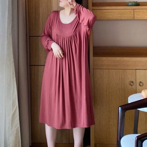 Size 7XL 150KG Spring Summer Cotton Sleepdress Solid Color Long Sleeve Loose Women O Neck Comfortable Homewear Loose Big Dress
