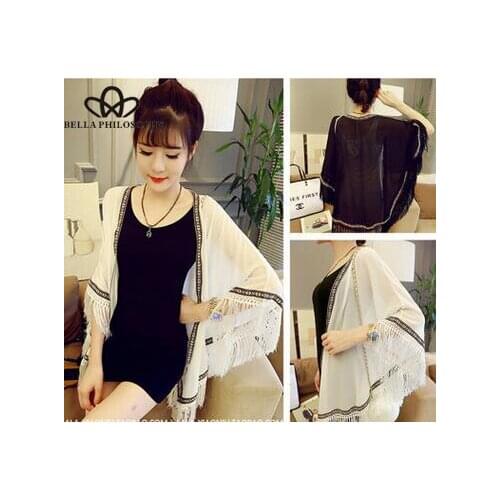 Bella Philosophy Summer cape-style womens chiffon cardigan sun protection clothing thin coat womens tassel chiffon cardigan