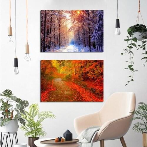 Nature Winter Snow Tree Forests Landscape Canvas Painting Poster Print Red Maple Autumn Nordic Art Wall Picture For Living Room