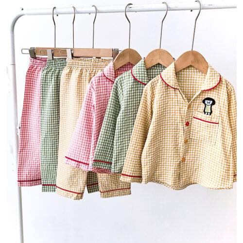 Girls Home Clothes Set Spring Autumn Boys Embroidered Top With Plaid Trousers 2 Piece 3-7Y Unsex Comfortable Pajama Clothes