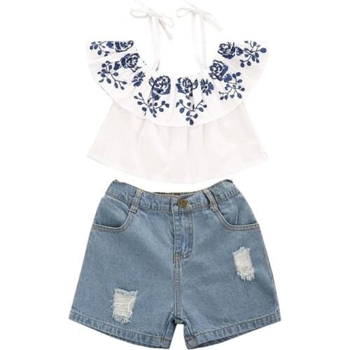 Fashion Girls Lace-up Tops and Shorts Set Flowers Printing Boat Neck Suspender T-shirt + Solid Color Denim Short Pants 2-7Years