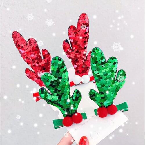 Christmas Baby Lovely Sequins Hairpin for Girls Antlers Elk Red Green Hat Hair Clips Bebes Haedband Accesorios Barrettes Gift