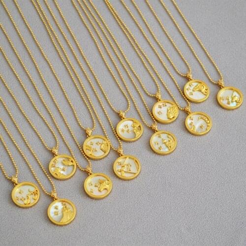 LONDANY Brass pearl chain colorful mother shell 12 constellations round brand gold coin simple temperament collarbone Necklace