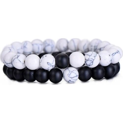 Cute Girls 2Pcs/Set White Black Stone Beads Couple Bracelet Elastic Beads Chain Bracelet Women Jewelry Party Girlfriend Gift