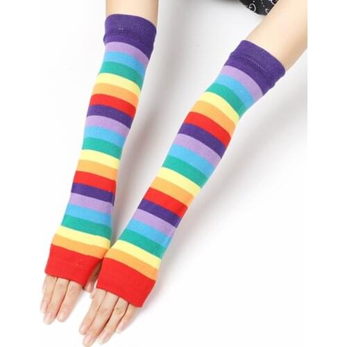 Women Long Fingerless Gloves female Fashion Striped Elastic Warmer Knitted Elbow Mittens ladies Christmas Costume Accessory Gift
