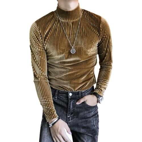 2019 autumn and winter mens flannel striped T-shirt mens half-high collar slim long-sleeved T-shirt club Outfits T-shirt Homme