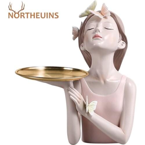 NORTHEUINS Resin Drinking Coffee Butterfly Tray Girl Storage Figurines For Interior Statue Desktop Decor Art Ornaments Sculpture