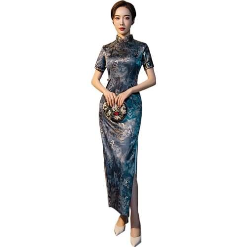 Elegant Women Summer New Qipao Chinese Traditional Mandarin Collar Cheongsam Classic Vintage Button Slim Long Dress Big Size