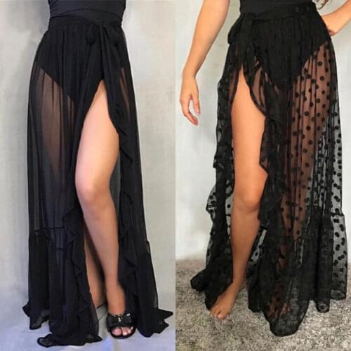 Sexy Women Mesh Sheer Beach Bikini Cover Ups Vacation Sunscreen Wrap Skirt 2021 New Ruffles Dot High Waist Split Up Veil Skirt
