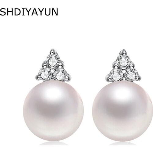 SHDIYAYUN Pearl Earrings Triangle Freshwater Pearl Princess Style Silver Stud Earrings Jewelry Accessories Diamond Earrings