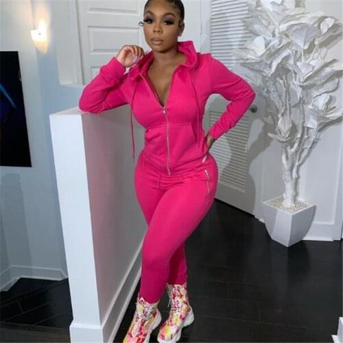 Two Piece Set Women Solid Color Hooded Long Sleeve Zipper Top+Pocket Slim Pants Casual Sports Set Female Solid Tracksuit