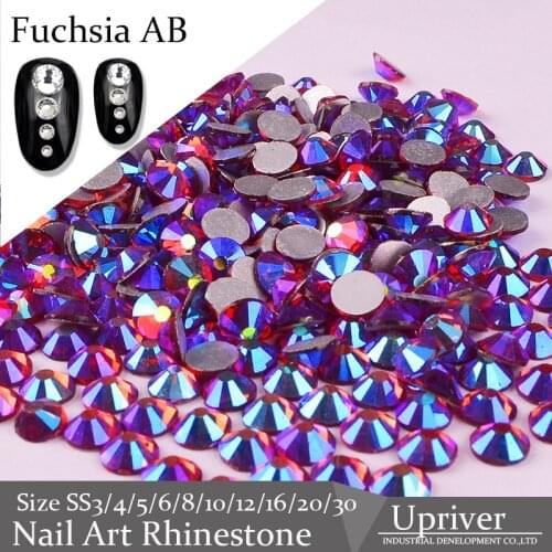 Upriver Best Quality Flatback Loose Fuchsia AB Glass Nail Art Rhinestones for Design Art Nails Non Hotfix Rhinestones Decoration