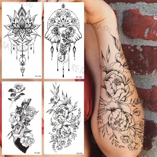 Sexy Flower Peony Temporary Tattoos For Women Girls Realistic Gun Pendant Elephant Fake Tattoo Sticker Thigh Arm Leg Tatoos