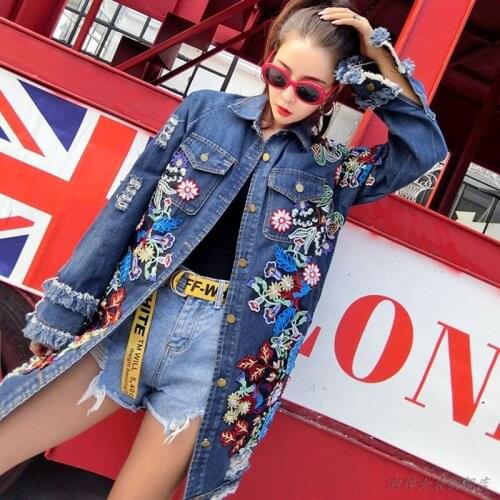 2019 Autumn Fashion Womens Jean Windbreaker Long Sleeve Embroidery Beading Denim Runway Jacket Women Punk Clothes Vintage f1349