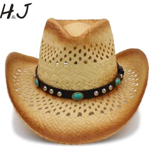 Women Men Western Cowboy Hat With Punk Turquoise Band For Lady Gentleman Beach Sun Sombrero Cowgirl Hat Size 58CM A0157
