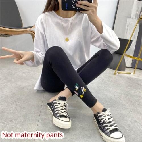 Cartoon Duck Embroidery Ladies Leggings Spring High-waist Abdomen Slim Leggings Womens Tight-Fitting Nine-Point Leggings