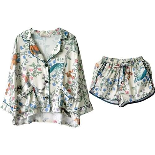 3/4 Sleeve Women Pajamas Sets Sexy Turn-Down Collar 2PCS Pyjamas Suit Print Birds Sleepwear Nightwear Summer Loungewear Homewear