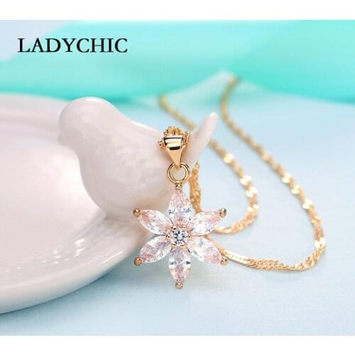 LADYCHIC Luxury Clear Zircon Flower Necklace Sweater Chain AAA Crystal Pendant Necklaces for Women Girls Fashion Jewelry LN1138